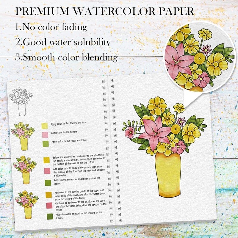 ADEVIAN Watercolor Workbook, Watercolor Workbook Paint Book Beginner Friendly, 12 Different Patterns Stress-Relieving Art Crafts for Creative Exploration Gift for Women Adults Teens (Bouquet, 1) - Image 3